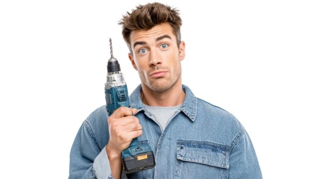 Man holding a power drill with a confused expression, isolated on a white background.