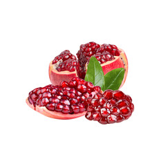 pomegranates with a burst of juicy seeds on white background