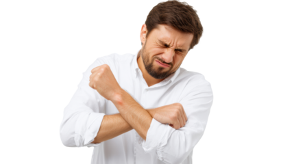 Man in white shirt grimacing and holding his elbow, expressing pain, white isolated background.