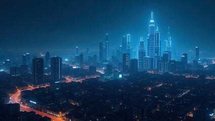 Futuristic Cityscape at Night with Neon Lights and Tall Skyscrapers Reflecting the Urban Glow