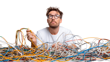 Man looking puzzled surrounded by tangled wires in a chaotic setup.
