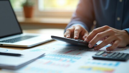Accountant using calculator and laptop to review financial documents and charts for business analysis and planning