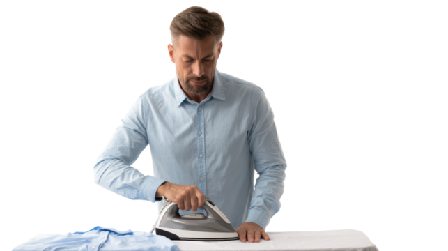 Man ironing a shirt on an ironing board with focused expression, white isolate background.