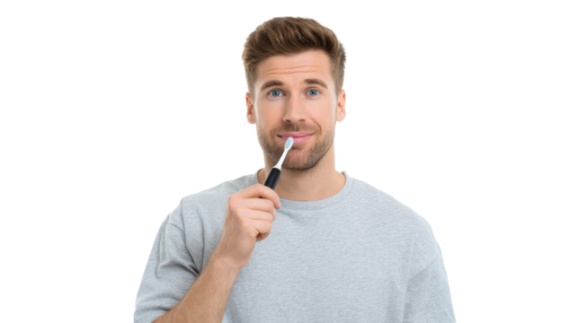 Man pondering creatively with a pen, casual attire, thoughtful expression, isolated on white background.