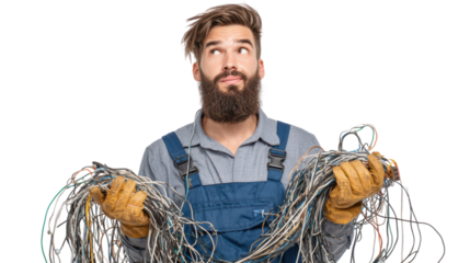 Man with beard holding tangled wires, wearing gloves, isolated on white background.