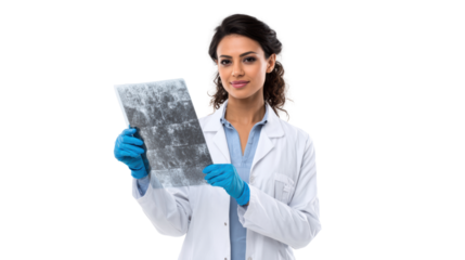 Medical professional examining an X-ray, isolated on white background.