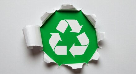 Recycle Symbol Emerges Green future bursts through a torn white wall.