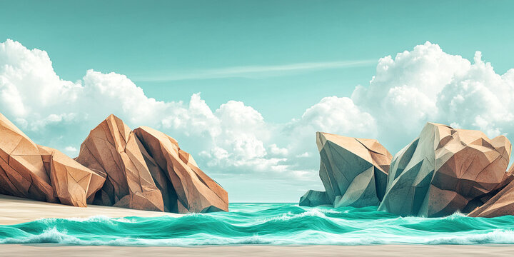 Geometric beach cliffs with teal waves and soft cloud coverage
