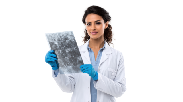 Medical professional examining an X-ray, isolated on white background.
