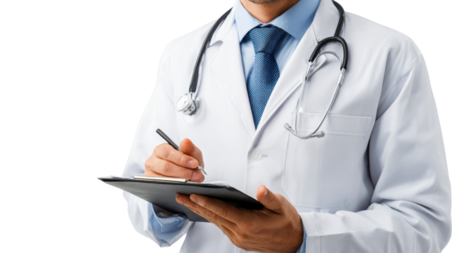 Medical professional taking notes on a tablet, concept of healthcare and modern medicine.