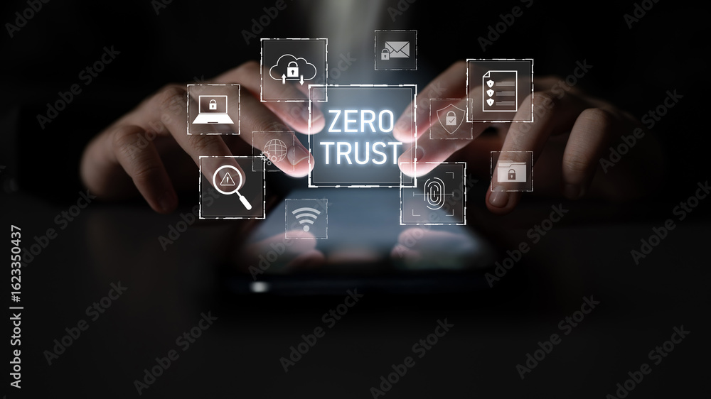 Poster zero trust model enhances data protection. zero trust blocks unauthorized access, secures devices, z
