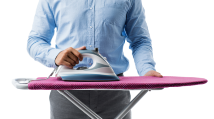 Person ironing clothes on an ironing board with an iron, white isolate background.