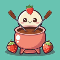 Chubby chick inside a chocolate fondue pot with a fruit skewer, dipping strawberries, cute cooking vector concept.