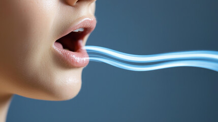 Close up of person mouth emitting sound waves, illustrating voice articulation and speech dynamics. image conveys sense