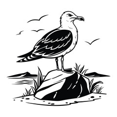 Bird sitting on a tree branch vector illustration in black silhouette style