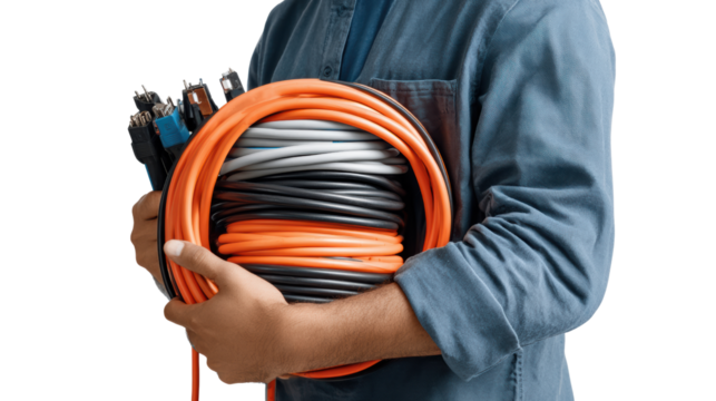 Person holding various cables in arms, isolated on a white background.