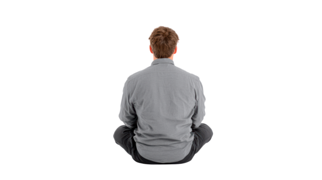 Person meditating, peaceful state, back view, isolated on white background, tranquility and mindfulness concept.