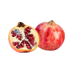 pomegranates with a burst of juicy seeds on white background