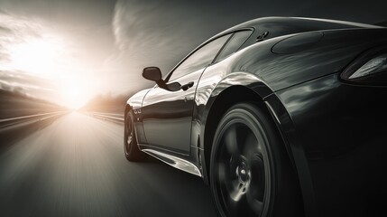 Sports car accelerating on road with light trails, symbolizing performance and driving exhilaration.