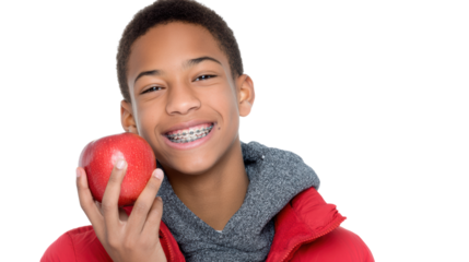 Smiling boy holding a red apple, wearing a red jacket on a white isolated background.