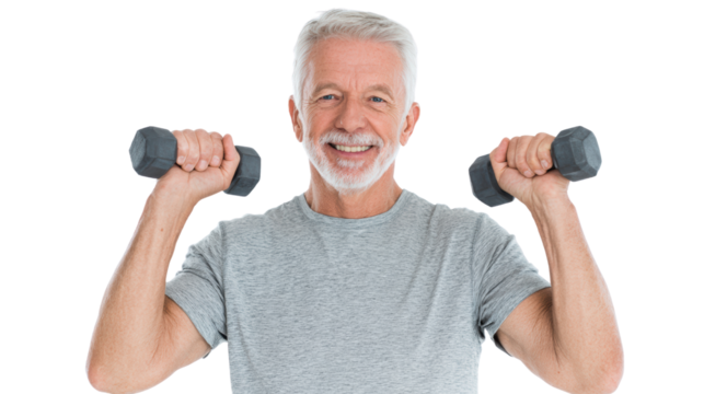 Senior man smiling while lifting dumbbells, promoting fitness and healthy living.