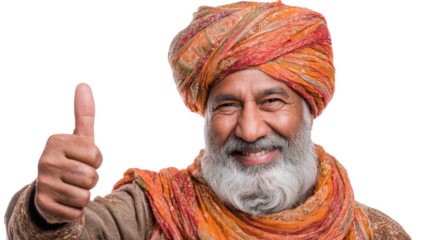 Smiling elderly man in traditional attire giving a thumbs up gesture against a white isolate background.