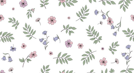 Delicate watercolor floral pattern with scattered small blossoms and green leaves on a white background