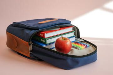 Backpack filled with school supplies, including books and a vibrant apple, ready for the new school year
