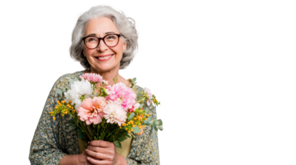 Smiling elderly woman holding a colorful bouquet of flowers, posing against a white isolated background.