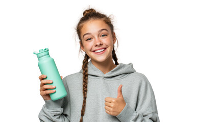 Smiling girl holding a water bottle while giving a thumbs up, isolated on a white background.