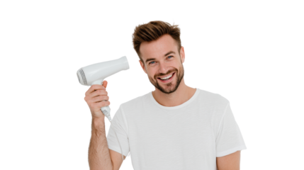 Smiling man holding a hairdryer, showcasing joy and everyday routines.