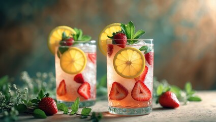 Refreshing lemon and strawberry drink with fruit slices and fresh berries, perfect for summer. Fruit-infused beverage with citrus and berry flavors.