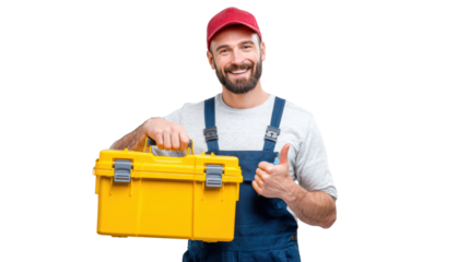 Smiling man in worker outfit holding a yellow toolbox with a thumbs up gesture, isolated on a white background.