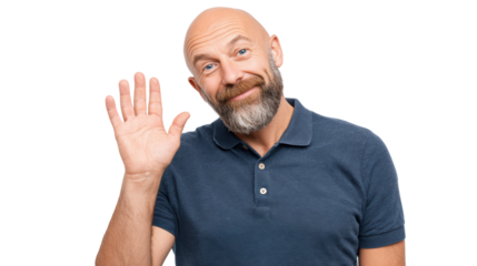 Smiling man with a beard waving hello, isolated on white background.