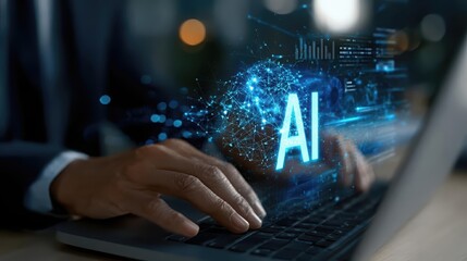 A professional works on a laptop, utilizing advanced AI analytics visualized on screen.