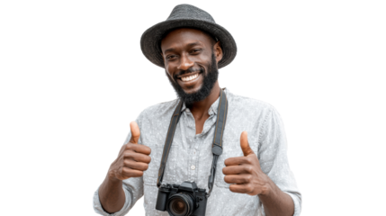 Smiling man with a camera, giving thumbs up, wearing a hat, white isolate background.