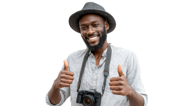 Smiling man with a camera, giving thumbs up, wearing a hat, white isolate background.