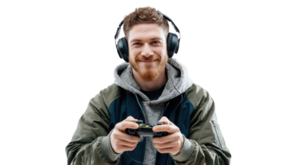 Smiling man with headphones, playing video game controller, isolated on white background.