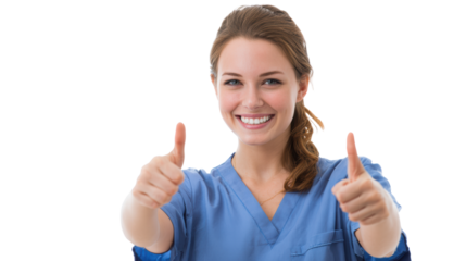 Smiling nurse giving thumbs up, dressed in scrubs, positive healthcare environment.