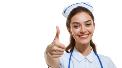 Smiling nurse giving a thumbs up, isolated on a white background, expressing positivity and care in healthcare.