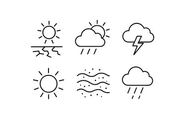 Fototapeta premium simple outline stroke icon items monoline icons style isolated on white background savanna ecosystem (weather): dry season wet season thundercloud sun glare dust rainfall