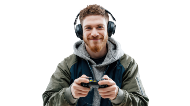 Smiling man with headphones, playing video game controller, isolated on white background.