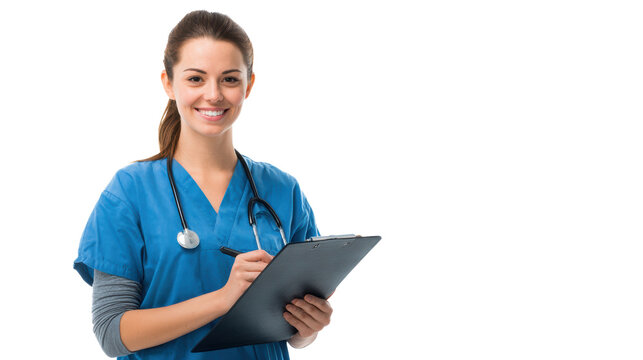 Smiling nurse holding clipboard in scrubs, isolated on white background.