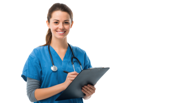 Smiling nurse holding clipboard in scrubs, isolated on white background.