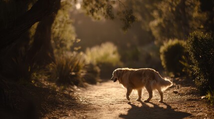 Naklejka premium Golden retriever enjoying evening walk in sunlit park, representing pet companionship and nature bonding.