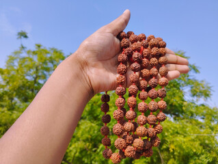 Hand Holding Rudraksha Mala Under Clear Blue Sky with Greenery