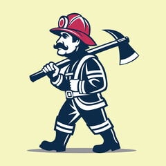 Cartoon Firefighter Mascot Character Carrying Axe. Professional Vector Illustration for Emergency and Safety Themes.