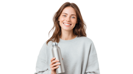 Smiling woman holding a stainless steel water bottle, wearing a cozy sweater, isolated on a white background.