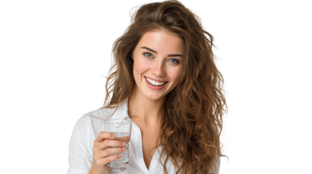 Smiling woman holding a glass of water, wearing a white shirt, isolated on a white background.