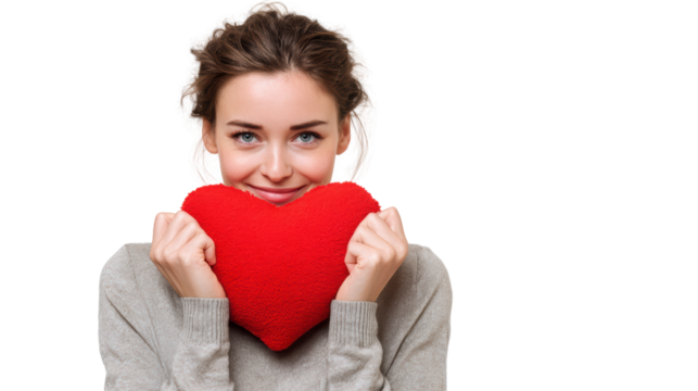Smiling woman holding a red heart-shaped pillow against a white background.